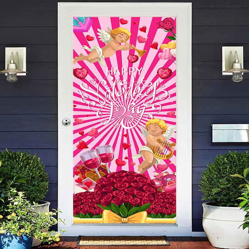 Aperturee - Pink Stripe Red Rose Angel Valentines Day Door Cover