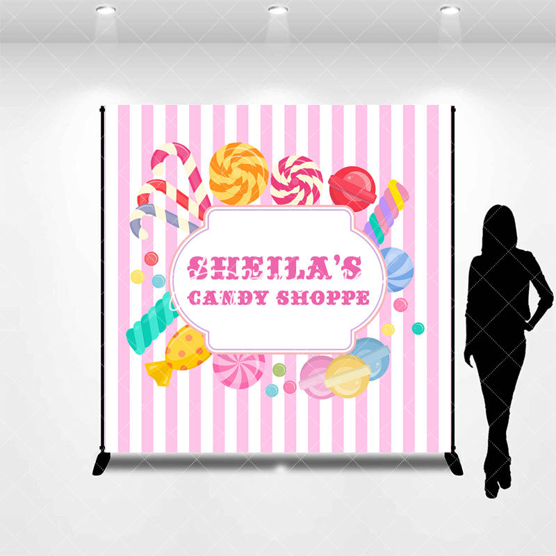 Aperturee - Pink Stripes Candy Shoppe Custom Birthday Backdrop