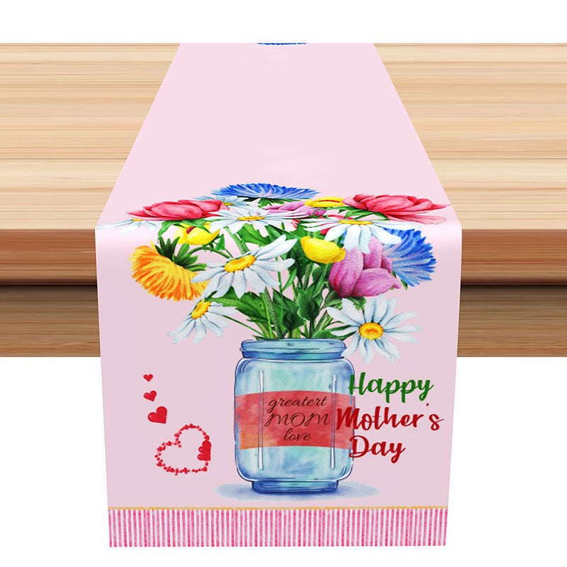 Aperturee - Pink Stripes Floral Happy Mothers Day Table Runner