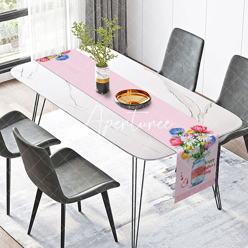 Aperturee - Pink Stripes Floral Happy Mothers Day Table Runner