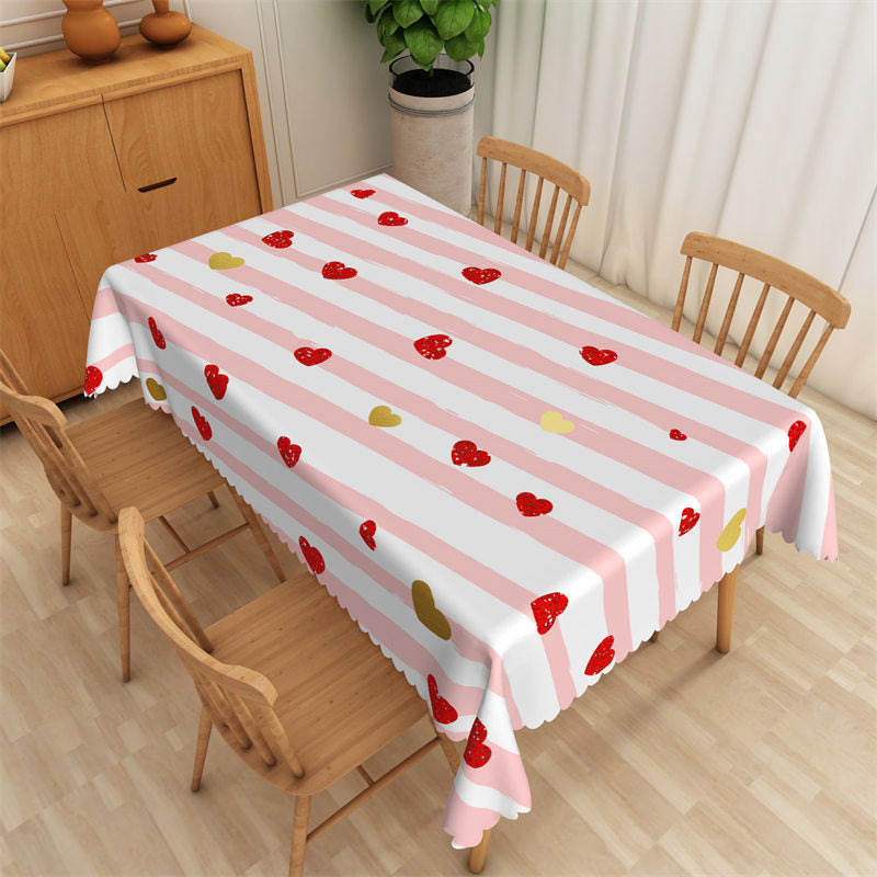 Aperturee - Pink Stripes Red Gold Heart Rectangle Tablecloth