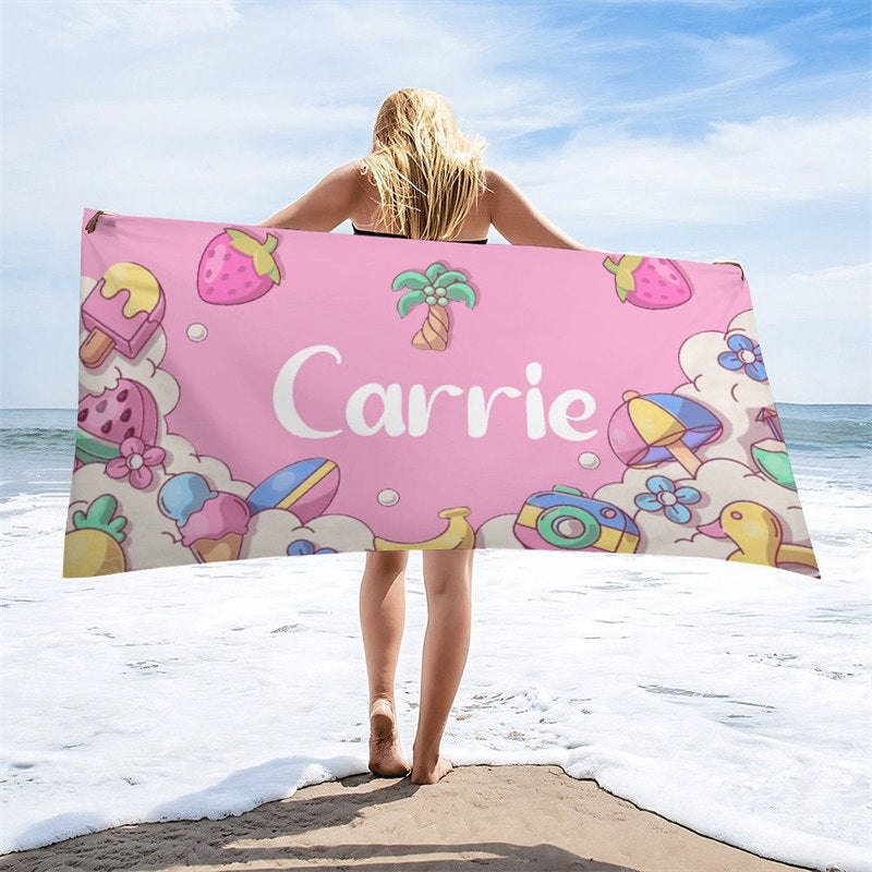 Aperturee - Pink Summer Theme Custom Name Beach Towel