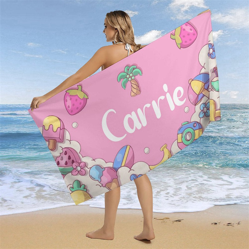 Aperturee - Pink Summer Theme Custom Name Beach Towel