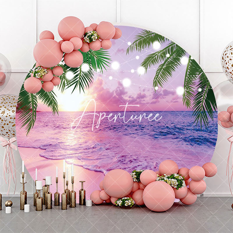 Aperturee - Pink Sunset Palm Trees Hawaii Beach Round Backdrop