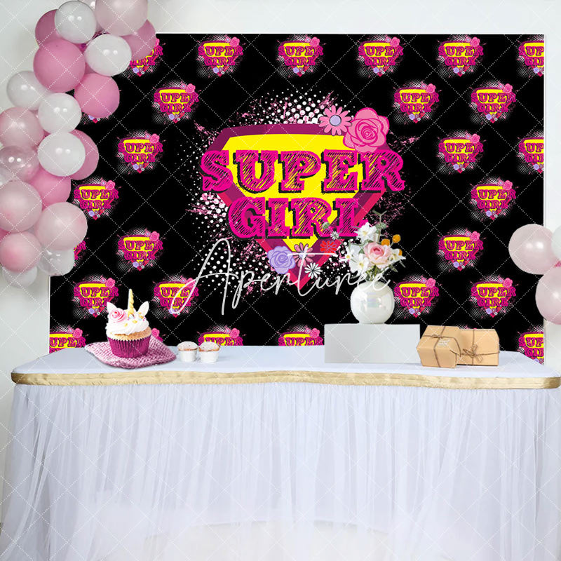 Aperturee - Pink Super Girl Floral Black Happy Birthday Backdrop