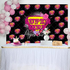 Aperturee - Pink Super Girl Floral Black Happy Birthday Backdrop