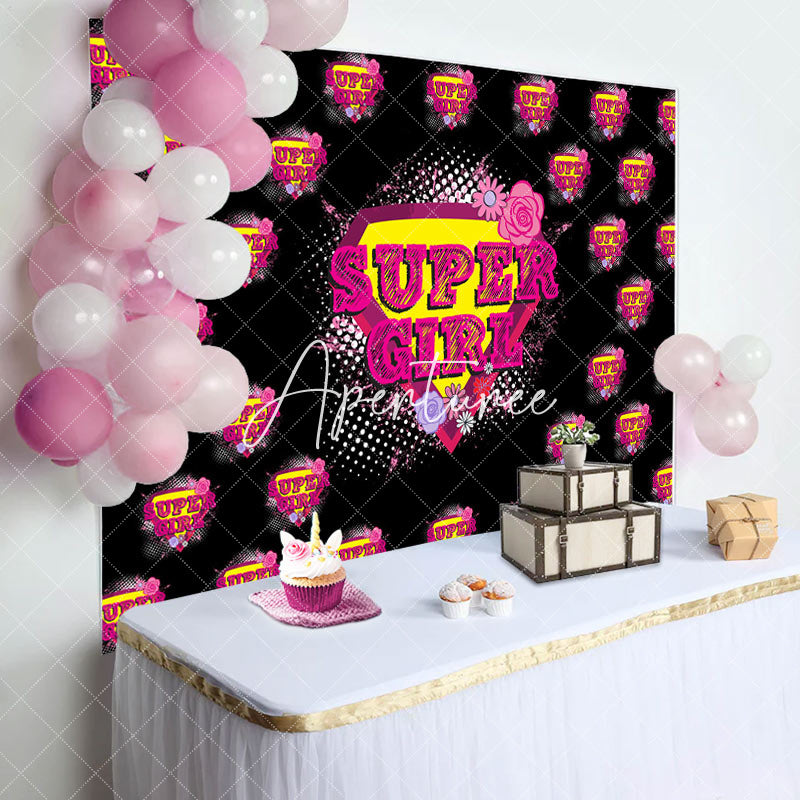 Aperturee - Pink Super Girl Floral Black Happy Birthday Backdrop