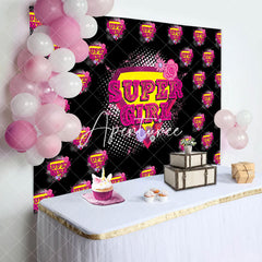 Aperturee - Pink Super Girl Floral Black Happy Birthday Backdrop