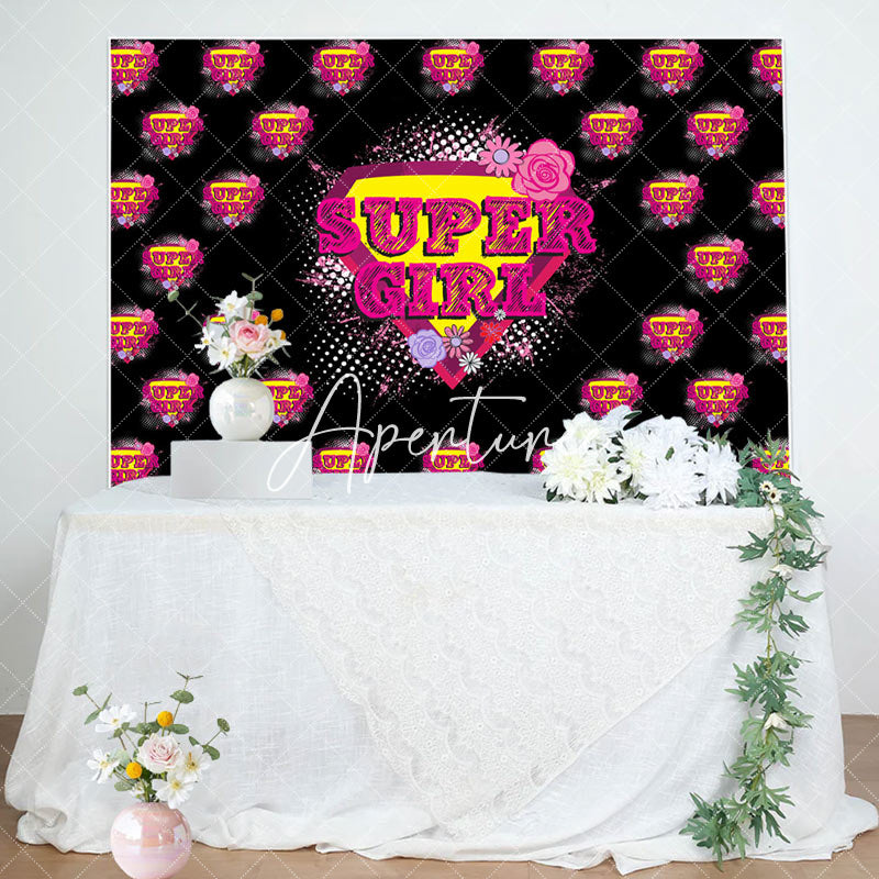 Aperturee - Pink Super Girl Floral Black Happy Birthday Backdrop