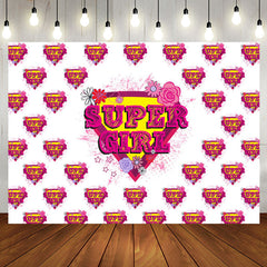 Aperturee - Pink Super Girl Floral White Happy Birthday Backdrop