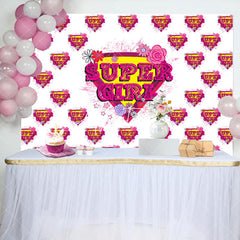 Aperturee - Pink Super Girl Floral White Happy Birthday Backdrop