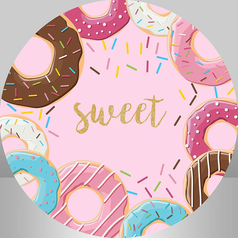 Aperturee - Pink Sweet Dount Happy Birthday Round Backdrop Kit