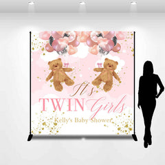 Aperturee - Pink Teddy Bear Custom Twins Baby Shower Backdrop