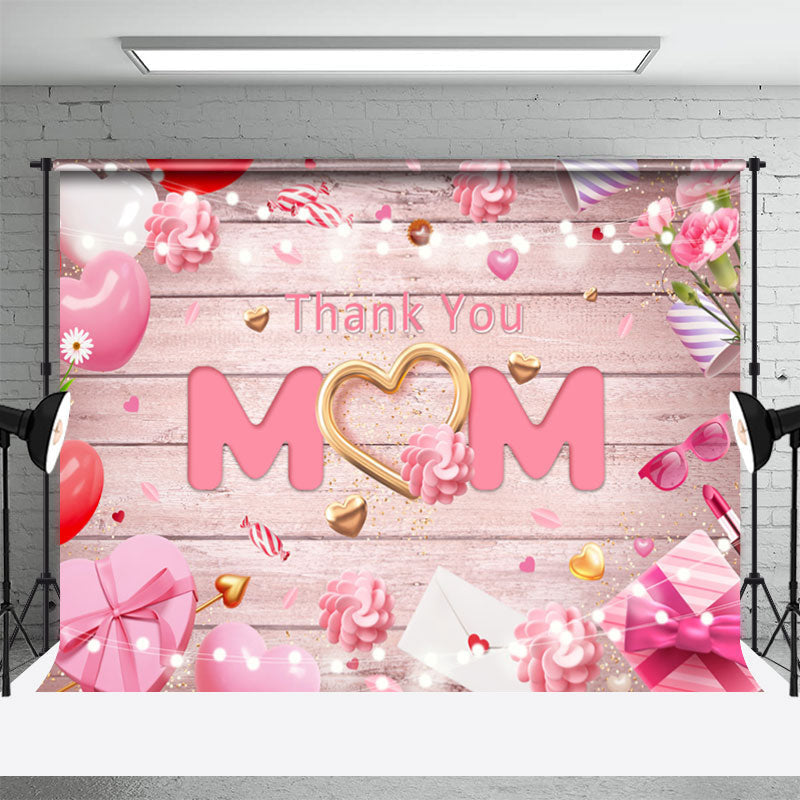 Aperturee - Pink Thank You Mom Wooden Happy Mothers Day Backdrop