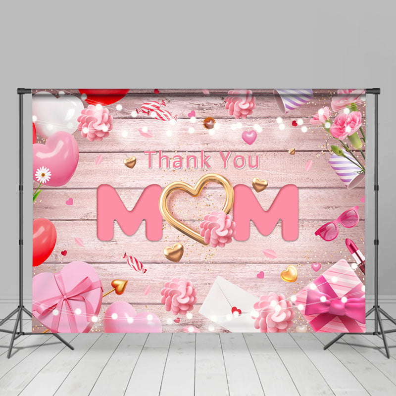 Aperturee - Pink Thank You Mom Wooden Happy Mothers Day Backdrop