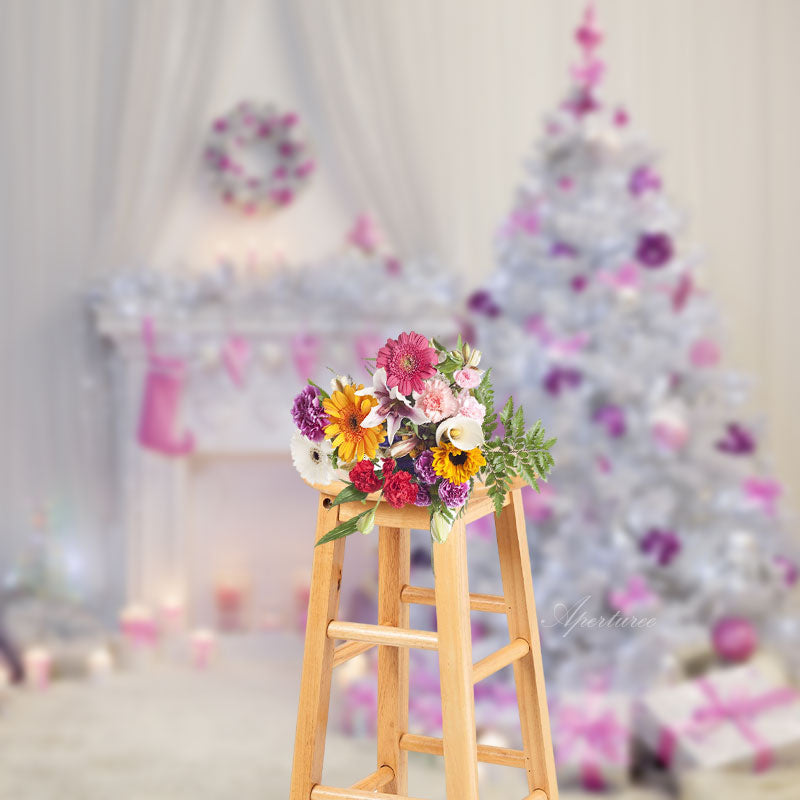 Aperturee - Pink Theme Fireplace Photography Christmas Backdrop