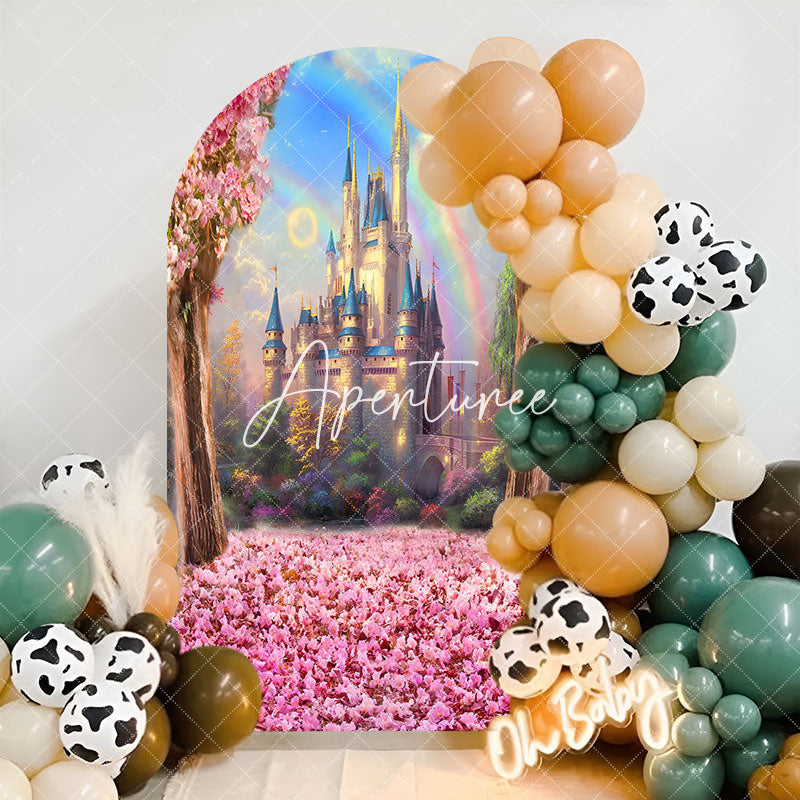 Aperturee - Pink Trees Castle Rainbow Birthday Arch Backdrop