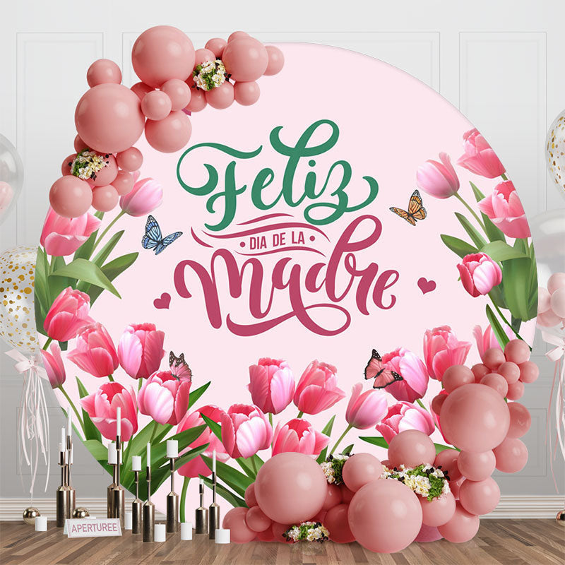 Aperturee - Pink Tulip Butterfly Round Backdrop For Mothers Day