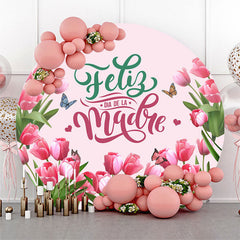 Aperturee - Pink Tulip Butterfly Round Backdrop For Mothers Day