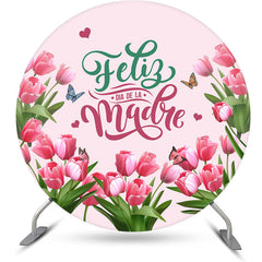 Aperturee - Pink Tulip Butterfly Round Backdrop For Mothers Day