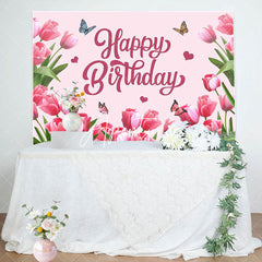 Aperturee - Pink Tulip Floral Spring Happy Birthday Backdrop