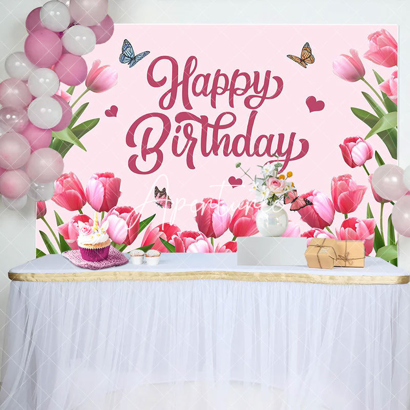 Aperturee - Pink Tulip Floral Spring Happy Birthday Backdrop