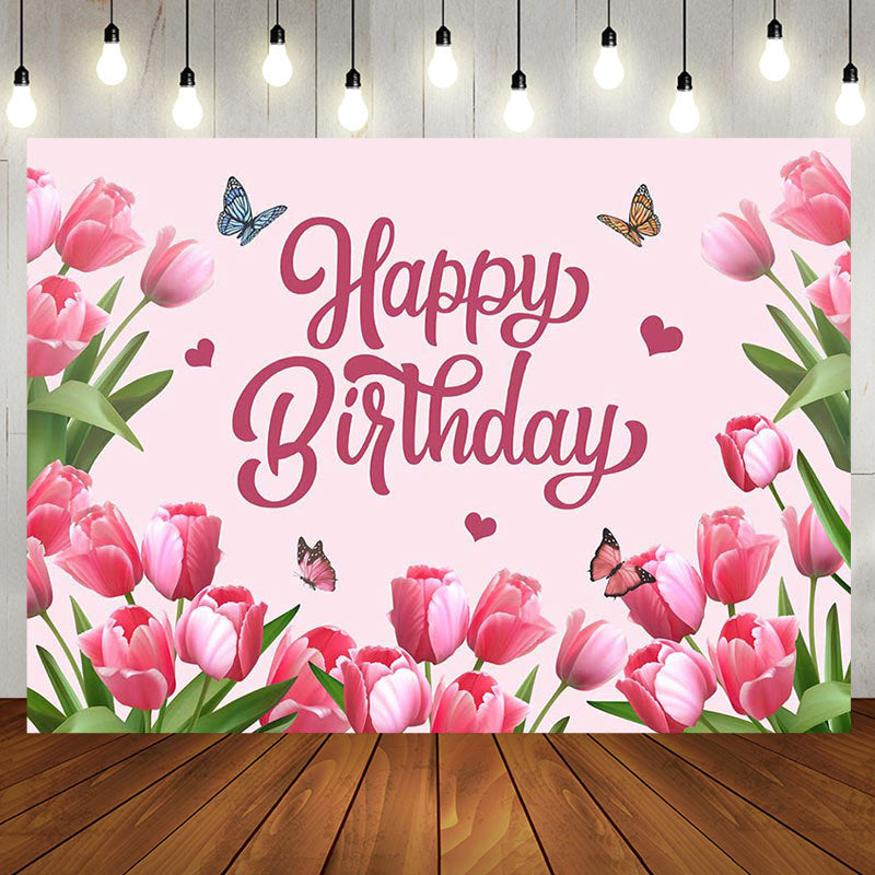 Aperturee - Pink Tulip Floral Spring Happy Birthday Backdrop