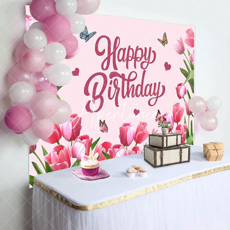 Aperturee - Pink Tulip Floral Spring Happy Birthday Backdrop