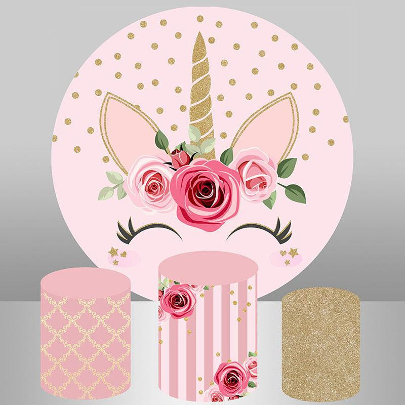 Aperturee Pink Unicorn Flower Circle Happy Birthday Backdrop