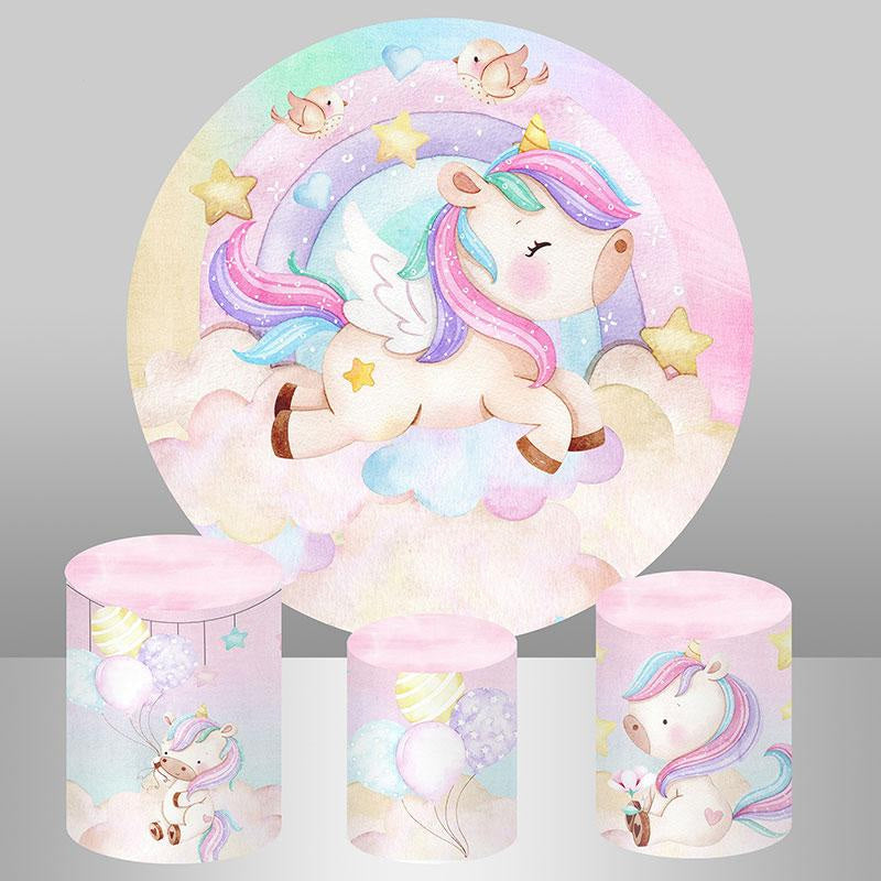 Aperturee Pink Unicorn Rainbow Round Happy Birthday Backdrop