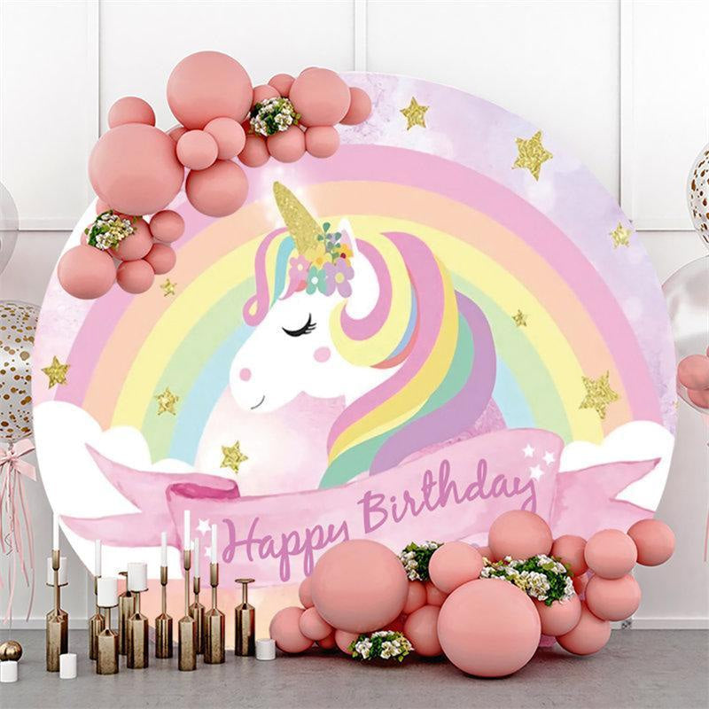 Aperturee Cute Pink Unicorn Circle Happy Birthday Backdrop For Party