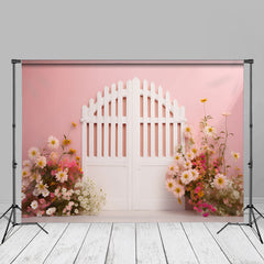 Aperturee - Pink Wall White Gate Floral Wedding Photo Backdrop