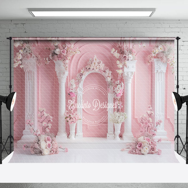 Aperturee - Pink Wall White Pillar Arch Floral Wedding Backdrop