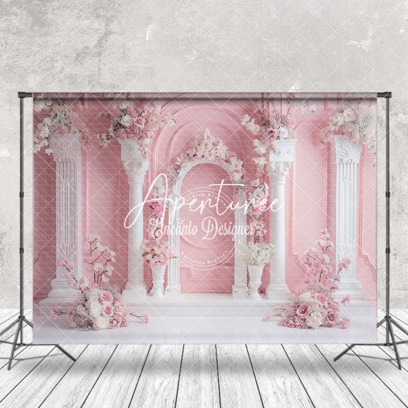 Aperturee - Pink Wall White Pillar Arch Floral Wedding Backdrop