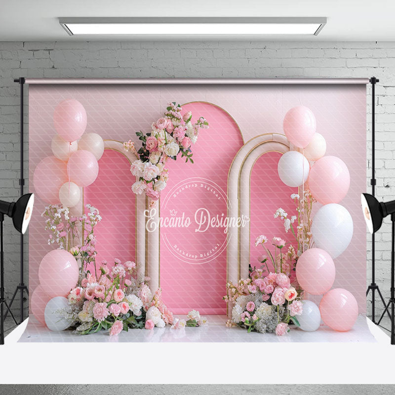 Aperturee - Pink White Balloons Arch Floral Cake Smash Backdrop