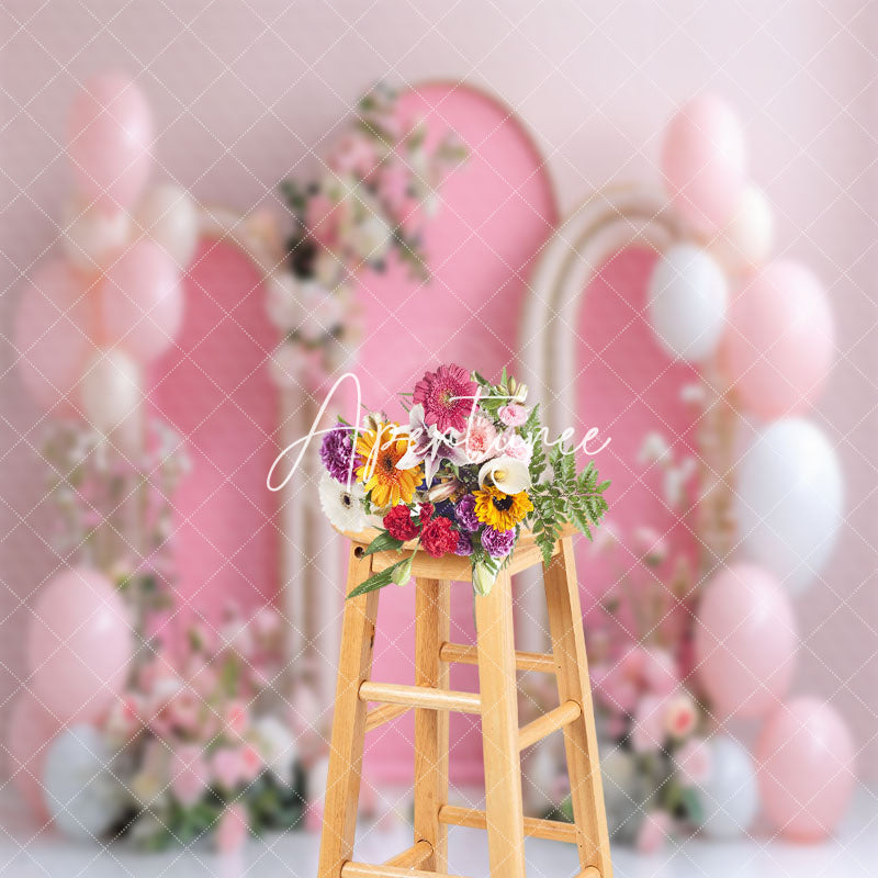 Aperturee - Pink White Balloons Arch Floral Cake Smash Backdrop