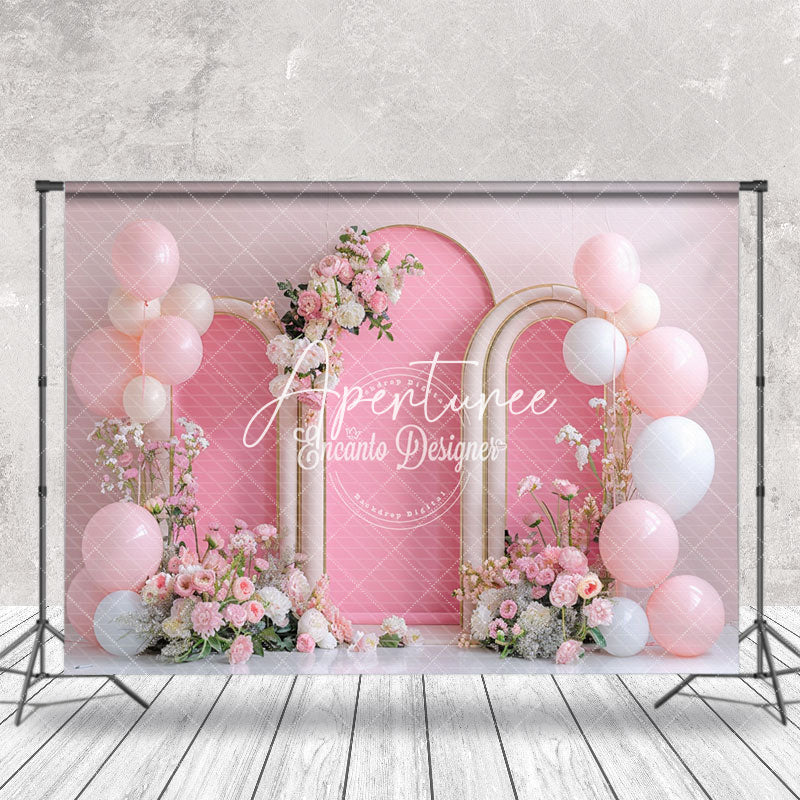 Aperturee - Pink White Balloons Arch Floral Cake Smash Backdrop