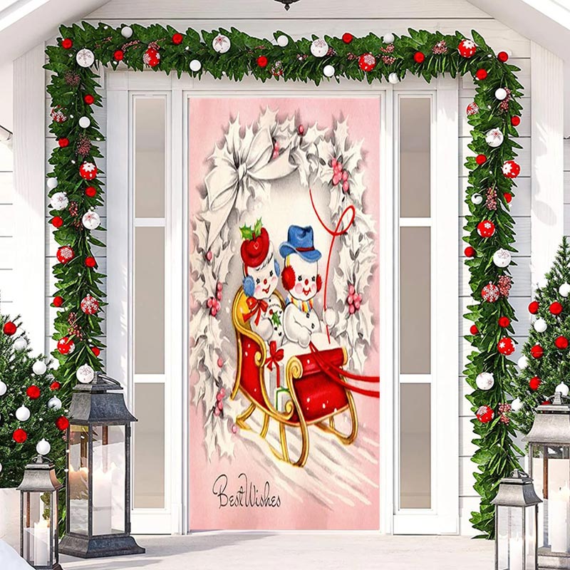 Aperturee - Pink White Cute Snowman Sled Christmas Door Cover