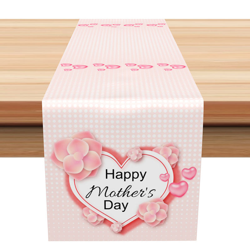 Aperturee - Pink White Dot Heart Floral Mothers Day Table Runner