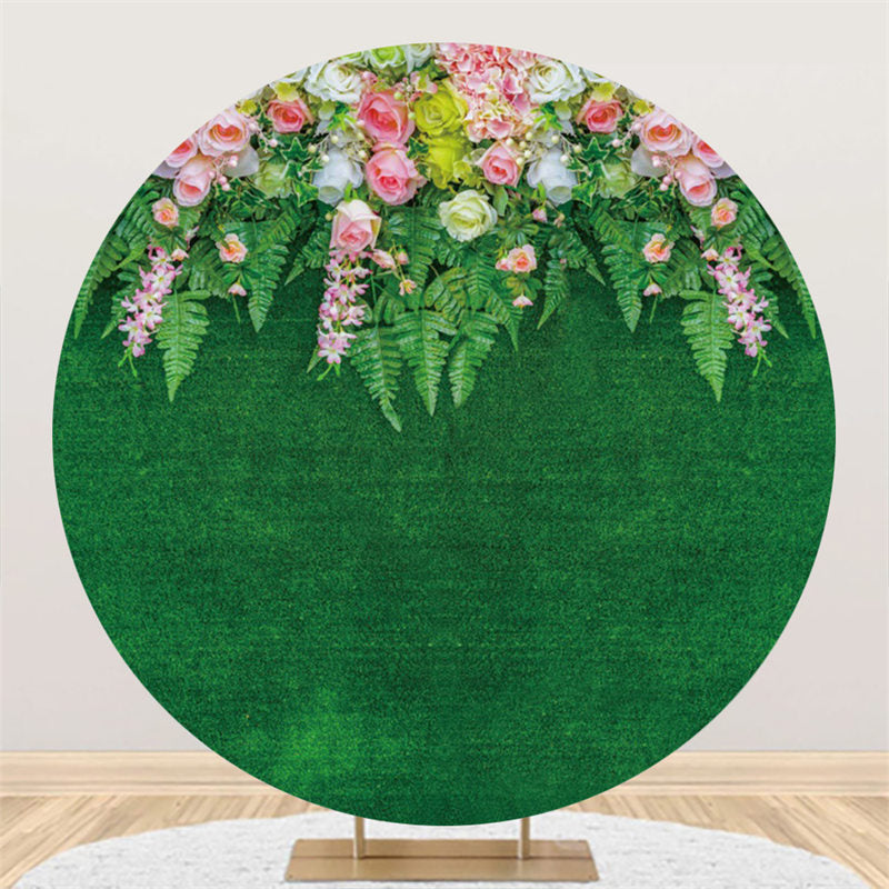 Aperturee Pink White Floral And Green Leaves Round Wedding Backdrop