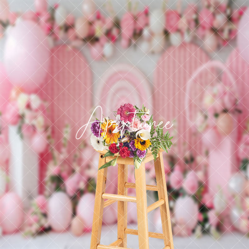 Aperturee - Pink White Floral Balloons Cake Smash Photo Backdrop