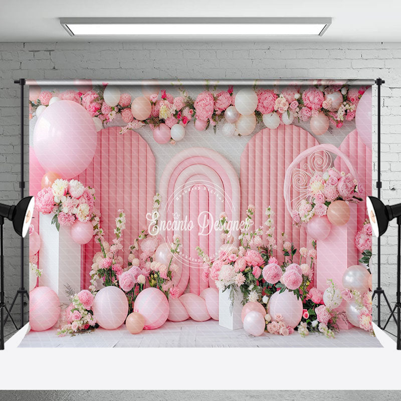 Aperturee - Pink White Floral Balloons Cake Smash Photo Backdrop