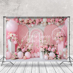 Aperturee - Pink White Floral Balloons Cake Smash Photo Backdrop