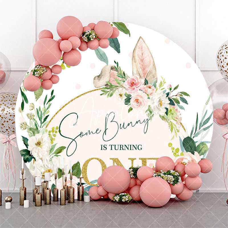 Aperturee - Pink White Floral Bunny Round 1st Birthday Backdrop