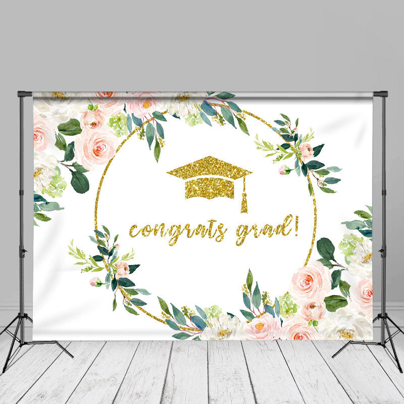 Aperturee - Pink White Floral Glitter Graduation Backdrop For Photo