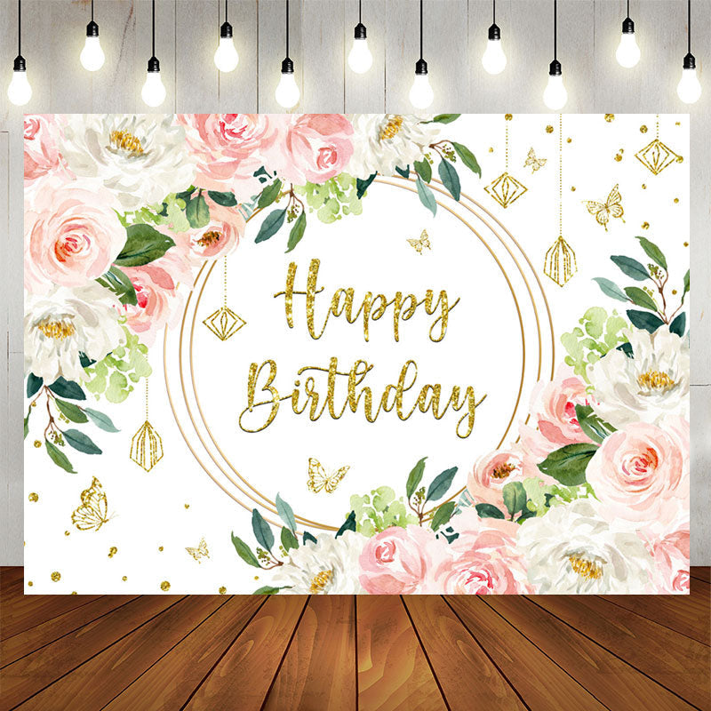 Aperturee - Pink White Floral Gold Glitter Happy Birthday Backdrop