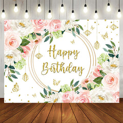 Aperturee - Pink White Floral Gold Glitter Happy Birthday Backdrop