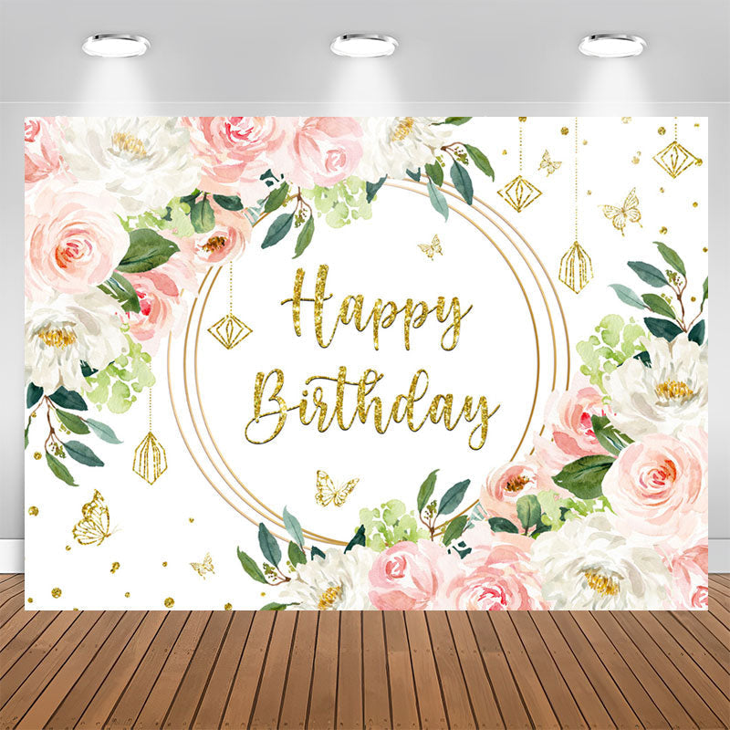 Aperturee - Pink White Floral Gold Glitter Happy Birthday Backdrop