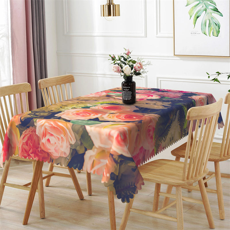 Aperturee - Pink White Floral Green Leaves Rectangle Tablecloth