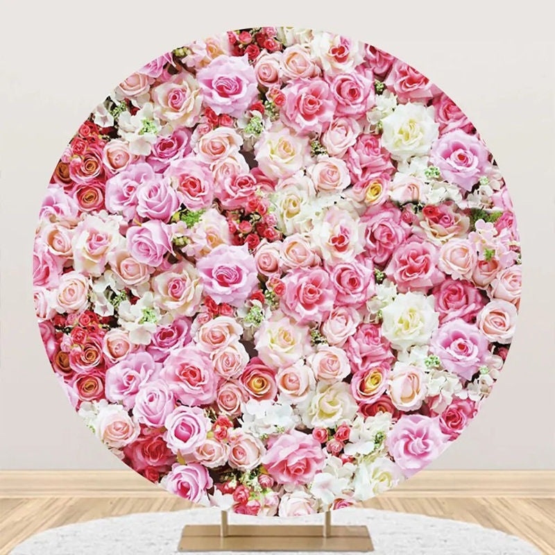 Aperturee - Pink White Floral Leaves Wall Round Wedding Backdrop